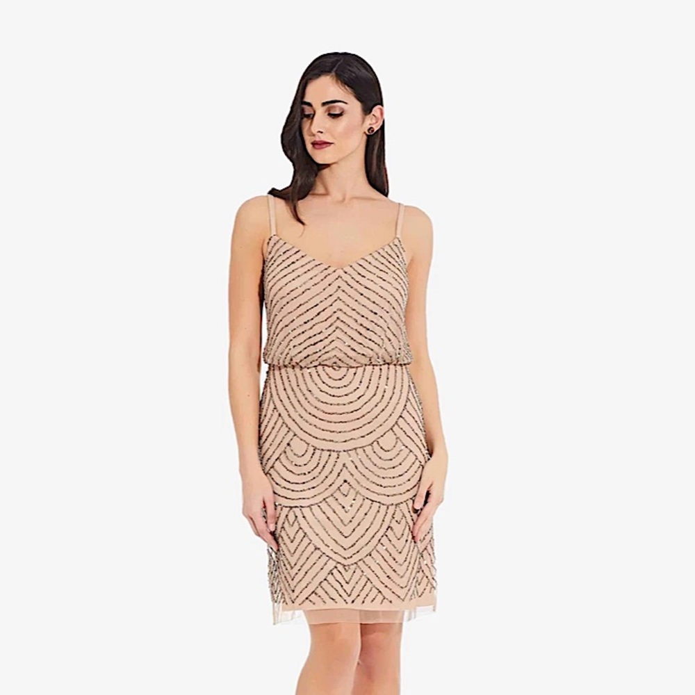 Adrianna Papell SEQUIN BLOUSON DRESS IN TAUPE PINK
